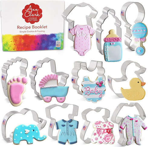 Baby Shower Cookie Cutters 11-Pc. Set Made in USA by Ann Clark, Onesie, Bib, Rattle, Bottle, Foot, Footie PJs, Dress, Duck...
