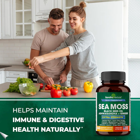 Sea Moss Black Seed Oil Ashwagandha Ginger Burdock Root Turmeric Black Pepper | All in 1 Supplement, 60 Capsules | Seamoss Pills for Men & Women |...