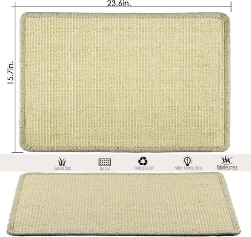 Cat Scratcher Mat, 23.6x15.7” Natural Sisal Scratching Mat with Velcro Tape,Stick on Floor and Wall Cat Scratch Pad Rug, Horizontal Cat Scratch Ma...