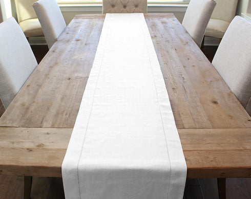 CleverDelights White Linen Hemstitch Table Runner - 16" x 108" - 100% Linen...