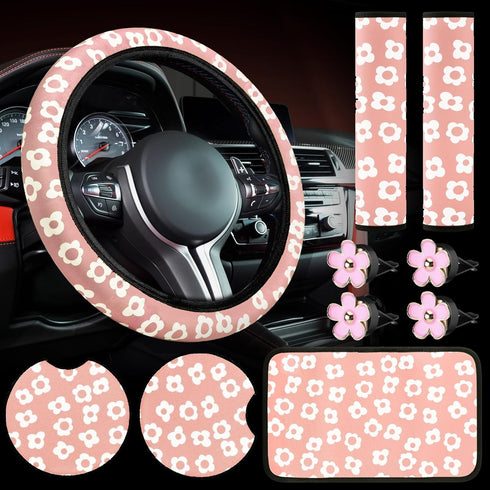 Frienda 10 Pcs Flowers Vintage Groovy Car Accessories Set Floral Steering Wheel Cover Flowers Car Air Vent Clips Center Console Armrest Cushion Ca...