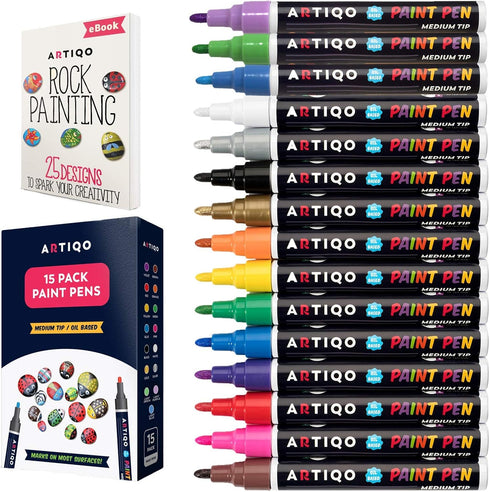 Paint pens for rock painting - Wood, Glass, Metal and Ceramic Works on almost all surfaces set of 15 Vibrant Medium tip Oil Paint Marker Pens, Qui...