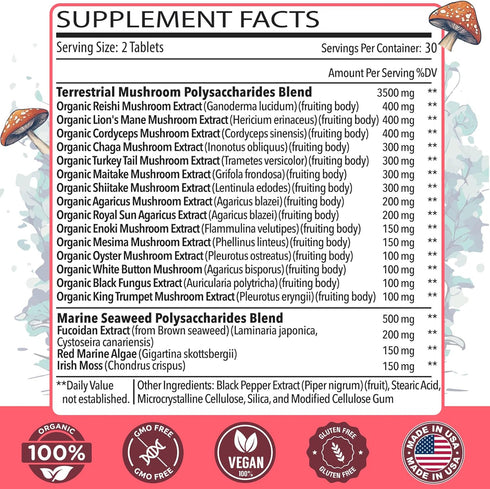 Sublingual Mushroom Complex 4000mg, 18-in-1 Lions Mane Mushroom Supplement with Reishi, Cordyceps, Chaga, Turkey Tail & Seaweed, Mushrooms for Imm...