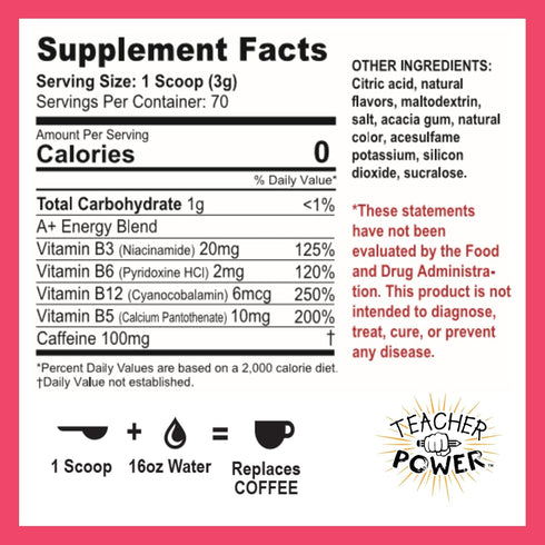 Teacher Power (The Original) in Strawberry Lemonade Sugar Free Energy Drink 70/servings per Jar 100mg Caffeine with B Vitamins...