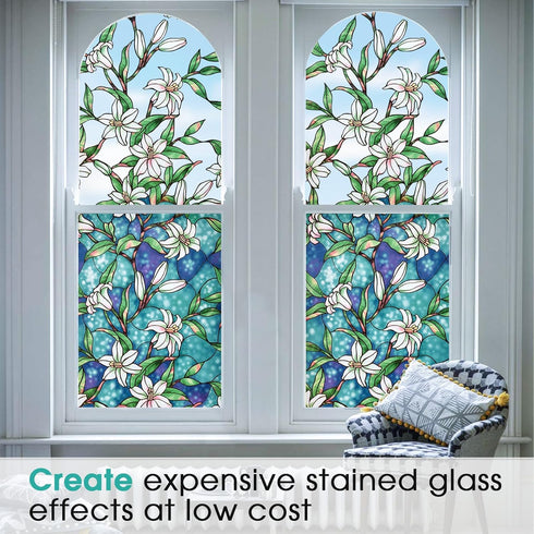 Coavas Decorative Window Privacy Film, Heat Control Sun Blocking Stained Glass Window Film, Floral Design Static Cling, Non Adhesive Windows Tint ...