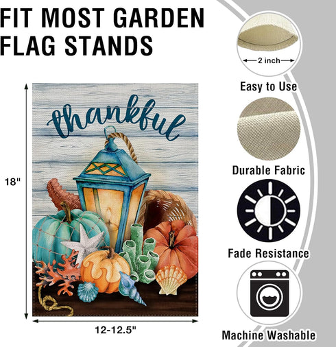 Thankful Nautical Pumpkin Lantern Home Decorative Garden Flag, Thanksgiving Yard Lawn Fall Coastal Outside Decor, Autumn Farmhouse Beach Outdoor S...