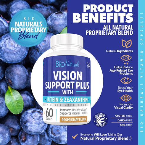 Bio Naturals Eye Vitamin Supplement with Lutein, Zeaxanthin, Lycopene, Bilberry, Quercetin & More - All Natural Proprietary Blend Supports Vision ...