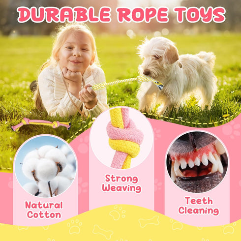 Pink Puppy Toys - 9 Pack Puppy Chew Toys for Teething, Interactive Dog Toys for Puppies, Small Dog Toys with Squeaky Toys, Treat Ball and Ropes...