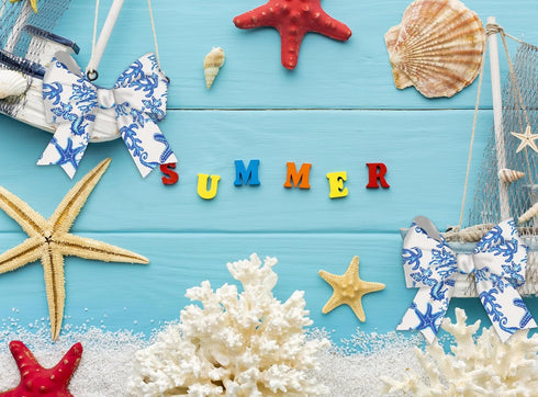 Ocean Theme White and Blue Thread Edge Ribbon Starfish Seahorse Coral Style Ribbon Bow Crafts Marine Animal Pattern Fabric Ribbon Crafts Wedding W...
