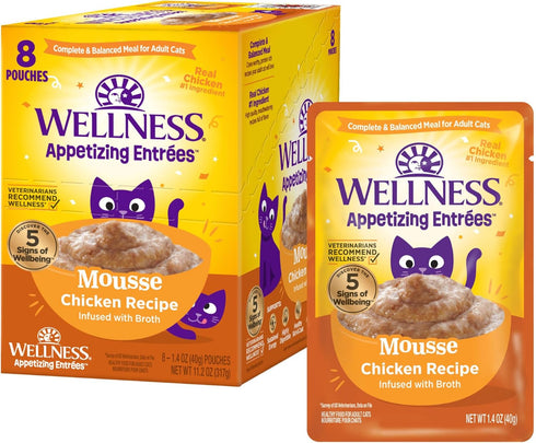 Wellness® Appetizing Entrées™ Mousse Chicken Recipe Infused with Broth Natural Wet Cat Food, 1.4 oz Pouch (Pack of 8)...