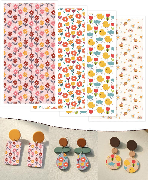 Puocaon Polymer Clay Transfer Paper - 4 Design 20 Pcs Spring Flower Clay Transfer Paper for Polymer Clay Earrings, Boho Rainbow Vintage Flower Dai...