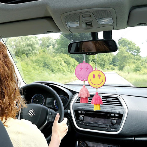 A1diee 2Pcs Preppy Tassel Car Air Freshener Yellow Pink Smile Car Hanging Slices with Tassel Boho Y2K Car Rearview Mirror Charm Scented Pendant Es...