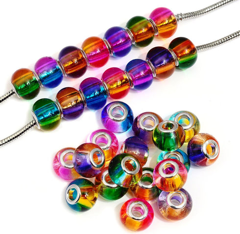 RUBYCA Mix Rainbow Gradient Murano Glass Bead European Charm Bracelet Spacer DIY Silver Color 100pcs...