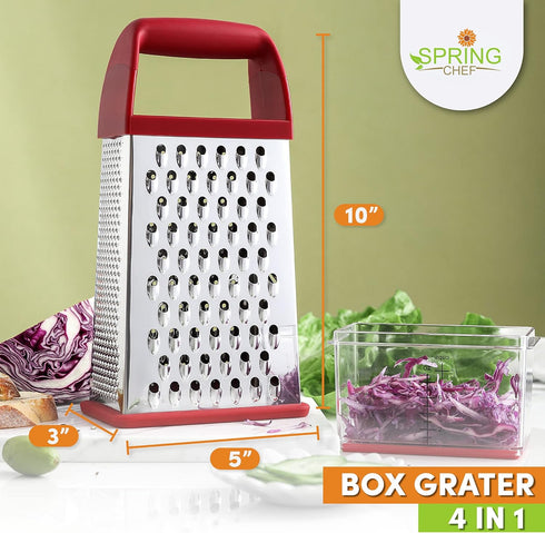Spring Chef Professional Red 10" Parmesan Cheese Grater With Container, Stainless Steel & Soft Grip Handle, 4 Sided Kitchen Carrot Shredder, Handh...