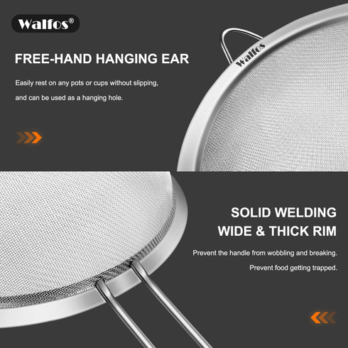 Walfos Fine Mesh Strainers Set, Premium Stainless Steel Colanders and Sifters, with Reinforced Frame Sturdy Handle, Perfect for Sift, Strain, Drai...
