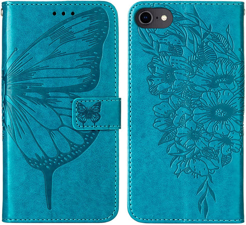 for iPhone SE 2022/SE 2020 Case, 6/6S/7/8 Wallet Case | Butterfly Floral Embossed, Wrist Strap, Card Holder Slots, Stand Leather Protective Flip C...