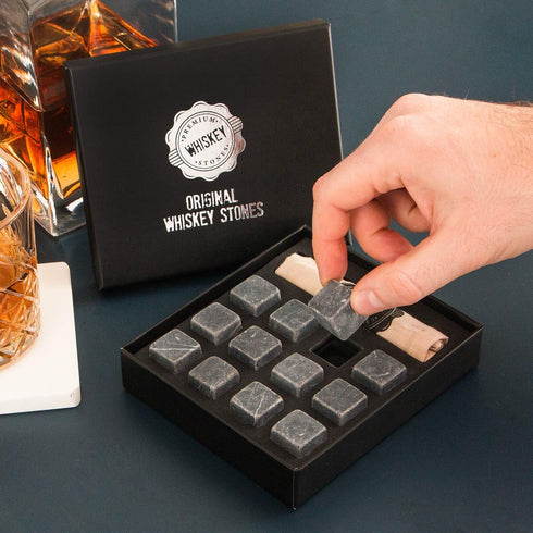 Premium Whiskey Stones Gift Set with 12 Pcs Stones and Bag. Whiskey, Bourbon, Cognac, Scotch,Gin, Wine Beverage. Marble Reusable Ice Cubes. Birthd...