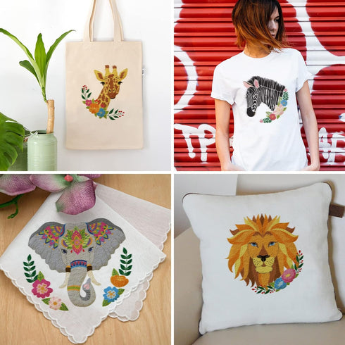 ORIGACH 4 Pcs Wild Animal Embroidery Starters Kit for Beginners, Zebra Lion Elephant Giraffe Embroidery Stitch Practice kit Include Embroidery Clo...
