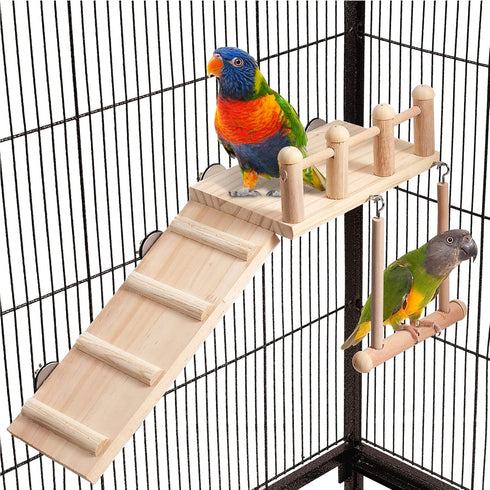 Bird Perches Platform Swing with Climbing Ladder, Parakeet Cage Accessories Wooden Playing Gyms Exercise Sturdy for Small Birds...