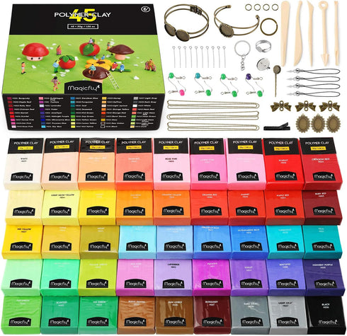 Magicfly Polymer Clay Starter Kit, 45 Colors Oven Bake Clay with 5 Modeling Tools and 40 Jewelry Accessories, Safe and Nontoxic DIY Baking Clay Bl...