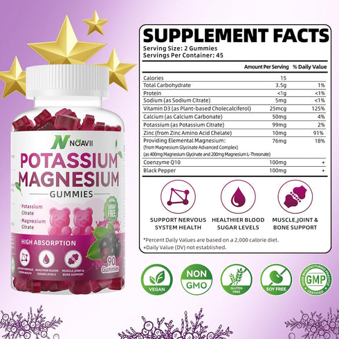 Potassium Magnesium Gummies, New Formula Calm Magnesium Glycinate Gummies, Chewable Gummy Supplements for Leg Cramps & Muscle, Elderberry Flavor 9...