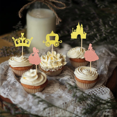 Pack of 40 Pre-Assembled Princess Cupcake Toppers Crown Castle Girl Cupcake Toppers Birthday Fruits Picks for Princess Theme Party Decoration...