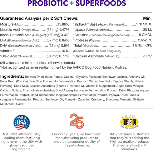 NaturVet Evolutions Probiotic & Superfoods 90ct Soft Chews for Dogs - Prebiotic & Probiotic Blend, Digestive Enzymes, Bone Broth, Omega's - Nouris...