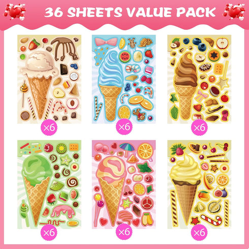 Ice Cream Party Kids Sticker Sheets, 36 Sheets Build Your Own Stickers, Mix And Match Ice Cream Decals Stickers, DIY Crafts Stickers Face Stickers...
