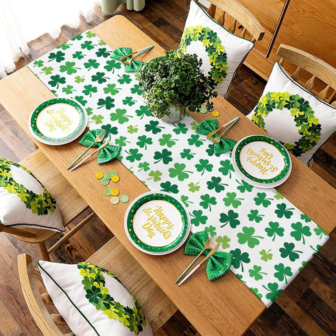 St Patrick's Day Green Shamrocks/Clover Table Runners Cotton Linen Non-Slip Rectangle Dresser Scarves for Spring Party Holiday Kitchen Dining Banq...