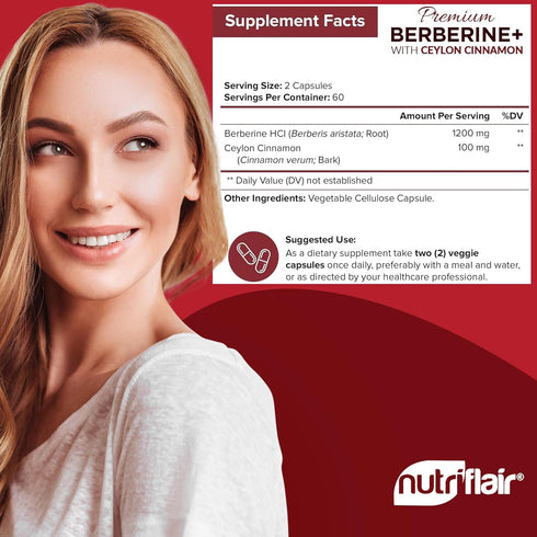 NutriFlair Premium Berberine HCL 1200mg, 120 Capsules - plus Pure True Ceylon Cinnamon, Berberine HCI Root Supplements Pills - immune system, heal...