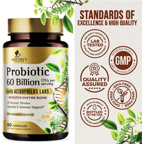 Probiotics 60 Billion CFU - 10 Probiotic Strains, Prebiotics, & Digestive Enzymes - Immune, Digestive & Gut Health - Supports Bowel Frequency & Re...