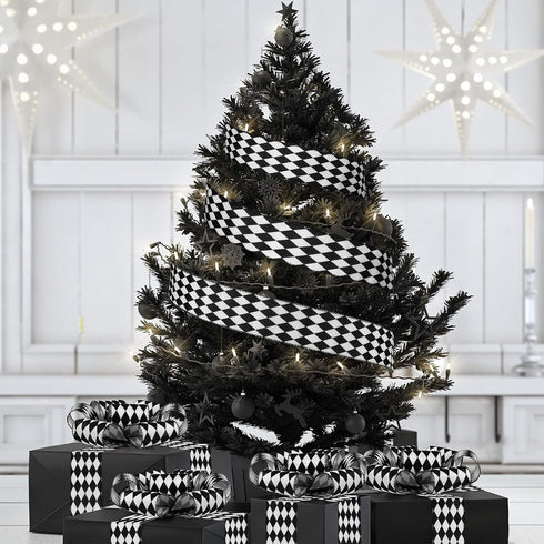 2 Rolls Christmas Checkered Ribbon Black and White Check Ribbon Diamond Check Wired Edge Ribbon Diamond Pattern Decorative Ribbons for Christmas F...