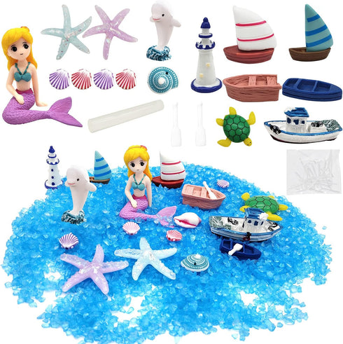 21 Pieces Miniature Garden Accessories, Blue Sand and Miniature Mermaid Dolphin Boat Steamship Figurines Decorations, Micro Beach Ocean Seaside Sc...