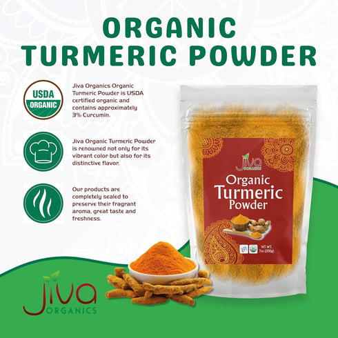Jiva Organic Turmeric Powder 7 oz - Packaged in Resealable Bag, 100% Raw with Tumeric Powdered Organic, Turmeric Curcumin Powder, Origins from Ind...