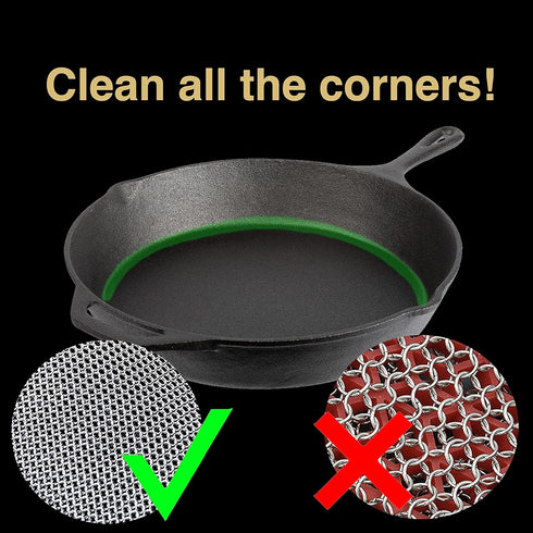 Cast Iron Cleaner Chainmail Scrubber -Fine Ring- 316 Stainless Steel Scrubbing Sponge Skillet – Dish Scrubber - Built-in Silicone with Welded Ring...