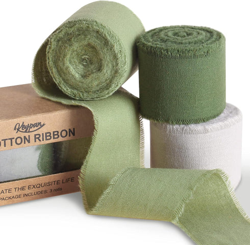 Green Ribbon 1-1/2 x 15 Yards Handmade Cotton Frayed Fringe Fabric Ribbons for Crafts Flower Bouquets Wedding Baby Shower Home DIY Decor...
