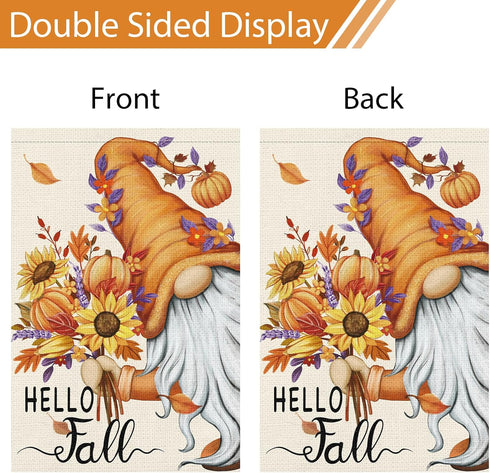 Hello Fall Gnome Garden Flag 12x18 Double Sided Burlap, Pumpkin Sunflower Garden Yard Flags for Thanksgiving Rustic Seasonal Outside Outdoor House...