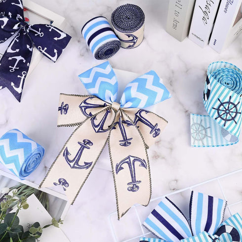 6Rolls Nautical Wired Edge Ribbon 2.5Inch Navy Blue Anchor Waves Stripes Starfish Printed Fabric Ribbon for Baby Shower Summer Holidays Under The ...