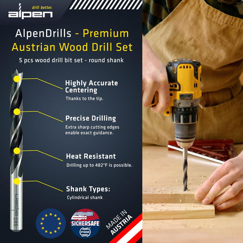 5 pcs Wood Drill Bit Set metric for Hard and Soft Wood - Extra Sharp Edges for Precise Holes and Effortless Drilling - Durable Drill Bit Kit for F...