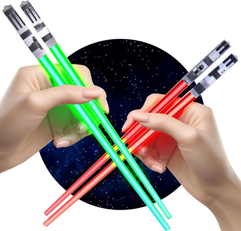 Lightsaber Chopsticks Light Up - LED Glowing Light Saber Star Wars Chop Sticks - Reusable Sushi Lightup Sabers Chopstick Set of 2 Green and Red Pa...