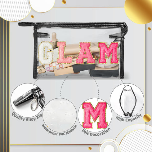 Preppy Patch Cosmetic Bag - Summer GLAM Chenille Varsity Letter Toiletry Bag Transparent PVC Zipper Makeup Bag Waterproof Portable Travel Beach Ba...