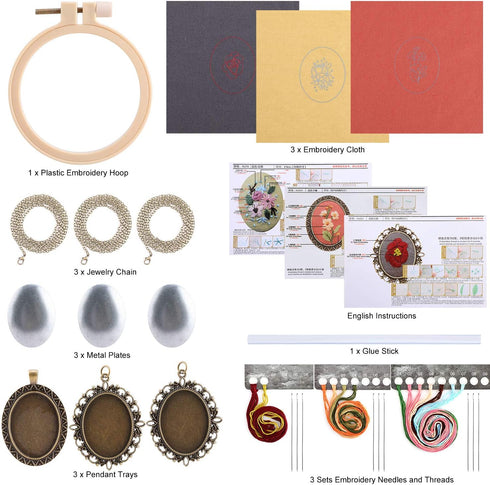 MWOOT 3 Pack Pendant Embroidery Starter Kit for Beginners, Retro Necklace Series Cross Stitch Tools for Necklace & Earrings & Hand Sewing Jewelry ...