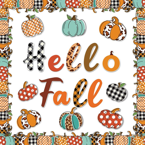 Whaline 83Pcs Hello Fall Bulletin Board Kit Pumpkin Bulletin Board Set Plaid Leopard Pumpkin Decoration Border Cutout with Glue Points for Fall Ha...