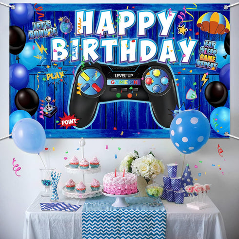 Video Game Birthday Decorations Banner Backdrop Blue Game Birthday Party Decorations Level up Gaming Theme Party Backdrop Photo Props for Gamer Ki...