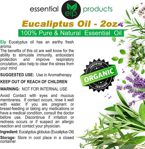 ELP Pure Eucalyptus Essential Oil - Pure and Natural, for Aromatherapy, Massage, Topical & Household Uses - 2 fl oz...