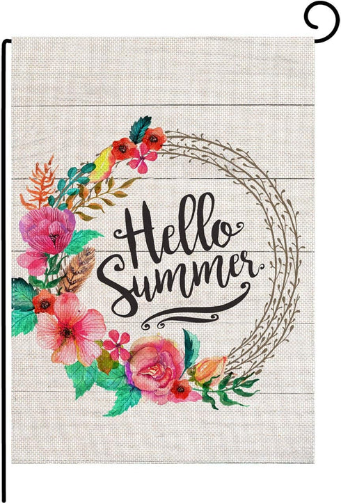 Hello Summer Garden Flag Vertical Double Sided 12.5 x 18 Inch Floral Wreath Burlap Yard Outdoor Decor...
