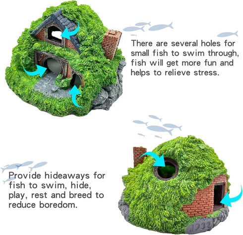 Tfwadmx Aquarium Decoration Hobbit House Resin Betta Hideout Cave Small Aquarium Decor Hollow Hole Shelter Fish Tank Hut Ornaments Mini Garden Lan...