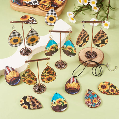 Beadthoven 18 Pairs DIY Sunflower Printed Wood Dangle Earring Making Kit VIntage Rustic Summer Flower Wood Pendants Teardrop Charms Hanging Orname...