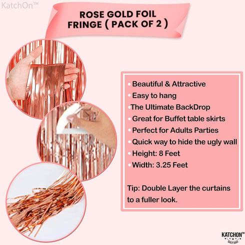 KatchOn, Rose Gold Fringe Curtain - XtraLarge 3.2x8 Feet, Pack of 2 | Rosegold Backdrop for Anniversary, Wedding, Bachelorette Party Decorations| ...