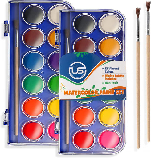 2 Pack Watercolor Paint Set 12 Vivid Colors Includes Watercolour Mixing Palette and 2 Brushes, Perfect For Artists, Beginner Painters, Kids and Ad...